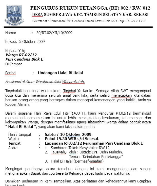 Contoh Undangan Halal Bihalal Warga RT Desa